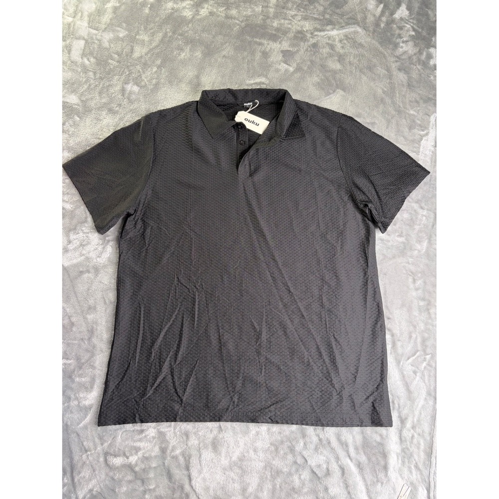 Ouku Men's Polo Shirt XL Black Textured Waffle Knit Short Sleeve Synthetic NWT